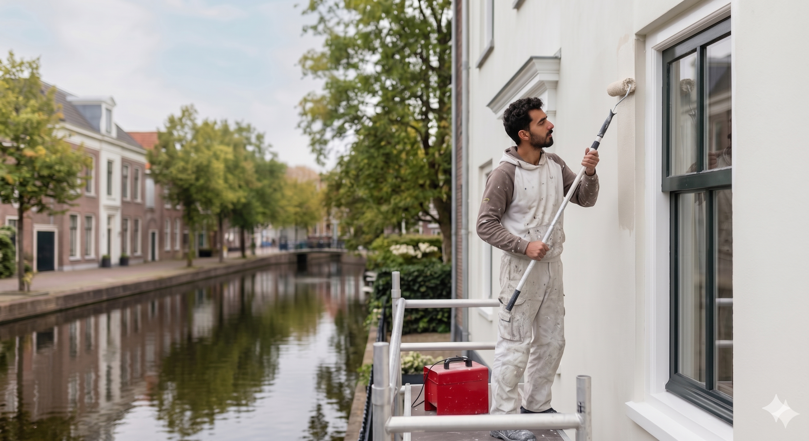 Alabo professional painter working on a canal-side facade in Amstelveen